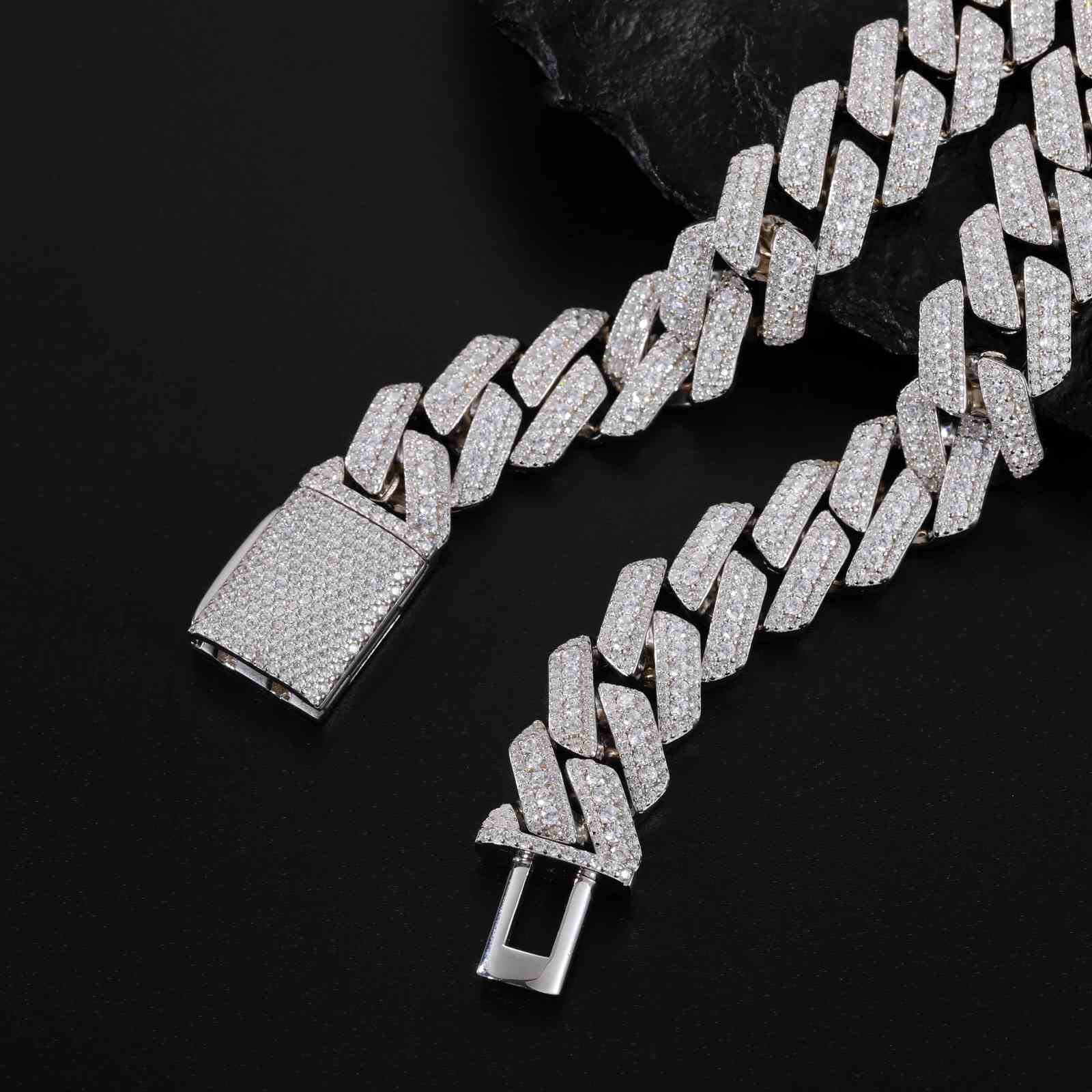 15mm 3 Rows Cuban Link Chain - 925 Sterling Silver & Moissanite