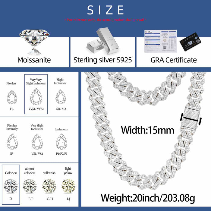 15mm 3 Rows Cuban Link Chain - 925 Sterling Silver & Moissanite