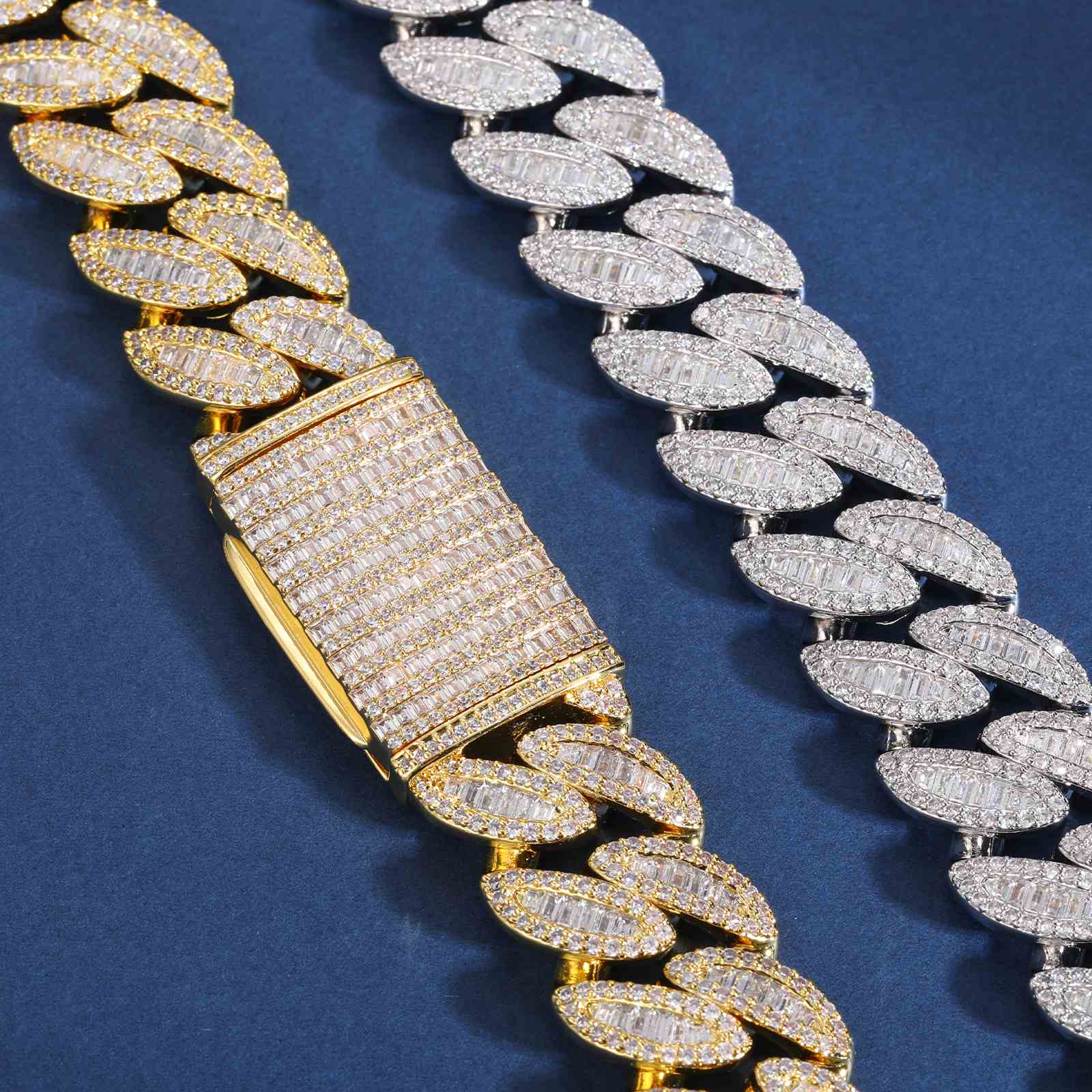 20mm Baguette Leaf Cuban Link Chain - 925 Sterling Silver & Moissanite