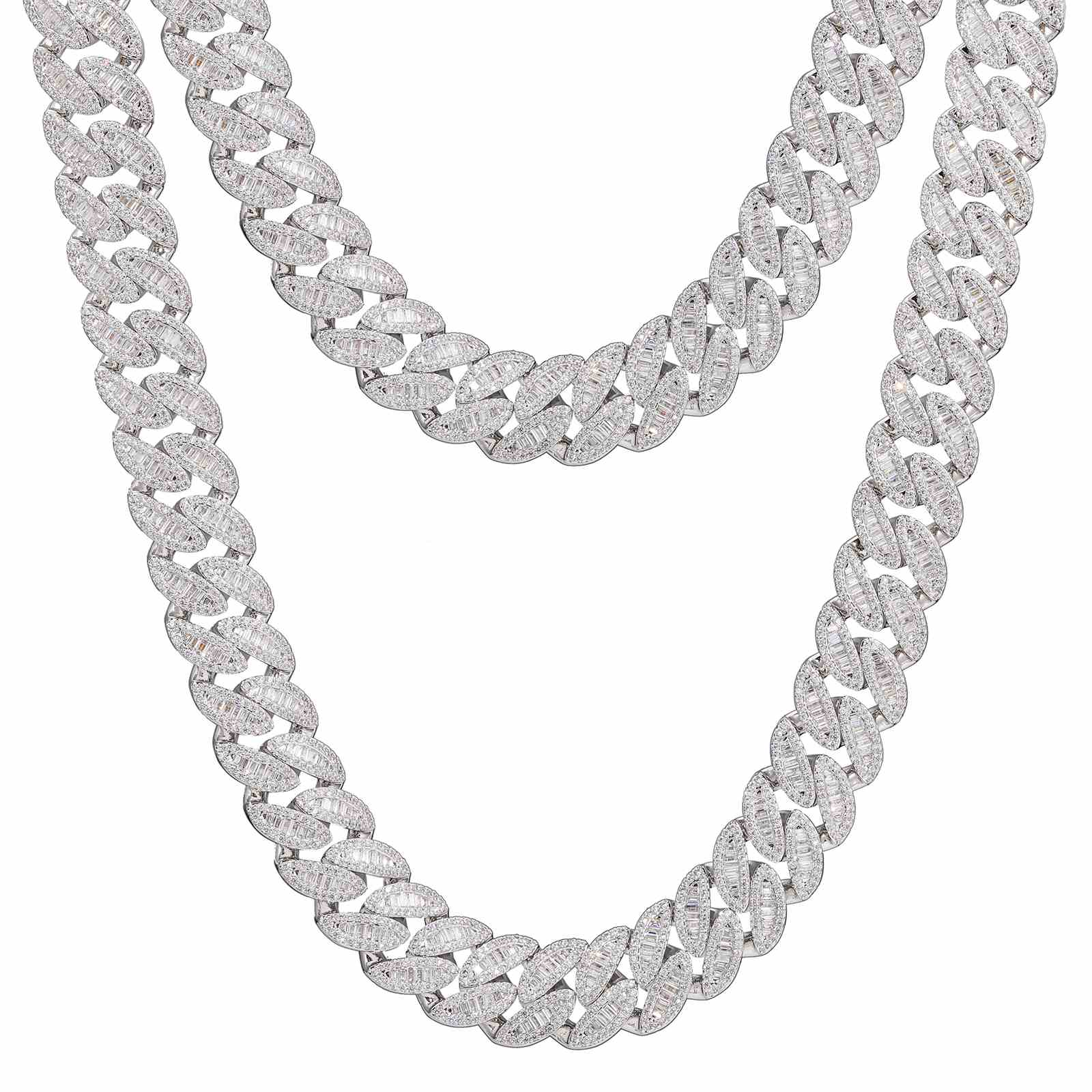 20mm Baguette Leaf Cuban Link Chain - 925 Sterling Silver & Moissanite