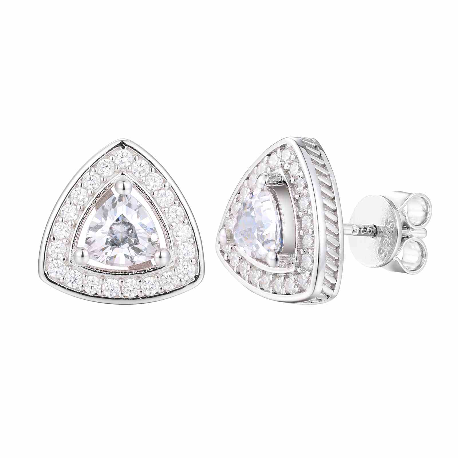 Triangle Color CZ Halo Stud Earrings - 925 Sterling Silver & Moissanite